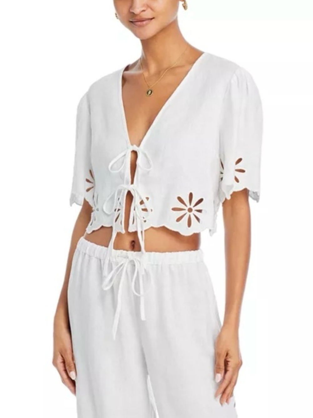 Rails Pari Linen Tie-Front Eyelet Crop Top in White Size L